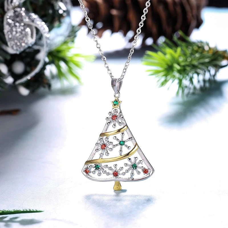 Huitan Elegante Weihnachtsbaum-Halskette Für Damen, Neuartiges Zweifarbiges Weihnachtsfeier-Accessoire, Glänzender Bunter Zirkonia-Schmuck Huitan Elegante Weihnachtsbaum-Halskette Für Damen, Neuartiges Zweifarbiges Weihnachtsfeier-Accessoire, Glänzender Bunter Zirkonia-Schmuck