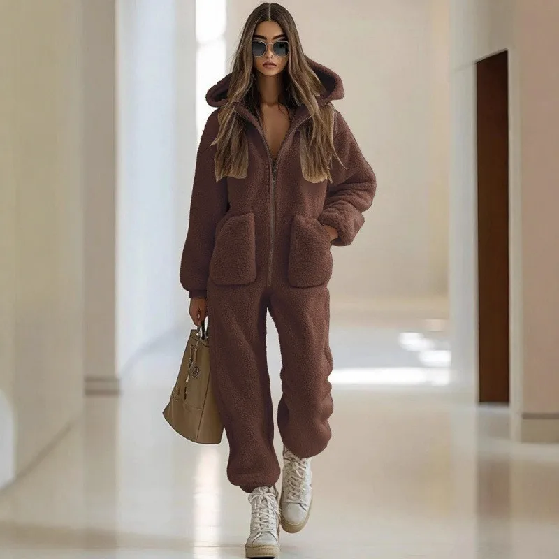 Women'S Hooded V-Neck Pocket Loose Straight Tube Plush Zipper Hooded Jumpsuit Autumn Winter Long Sleeved Pants Casual Jumpsuits Women'S Hooded V-Neck Pocket Loose Straight Tube Plush Zipper Hooded Jumpsuit Autumn Winter Long Sleeved Pants Casual Jumpsuits - Image 7