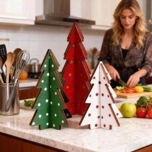 3 Stück Weihnachtsbaum-förmige Holzdekorationen Personalisierte Feiertagsgeschenke Restaurant-Tischdekoration Atmosphäre-Ornamente