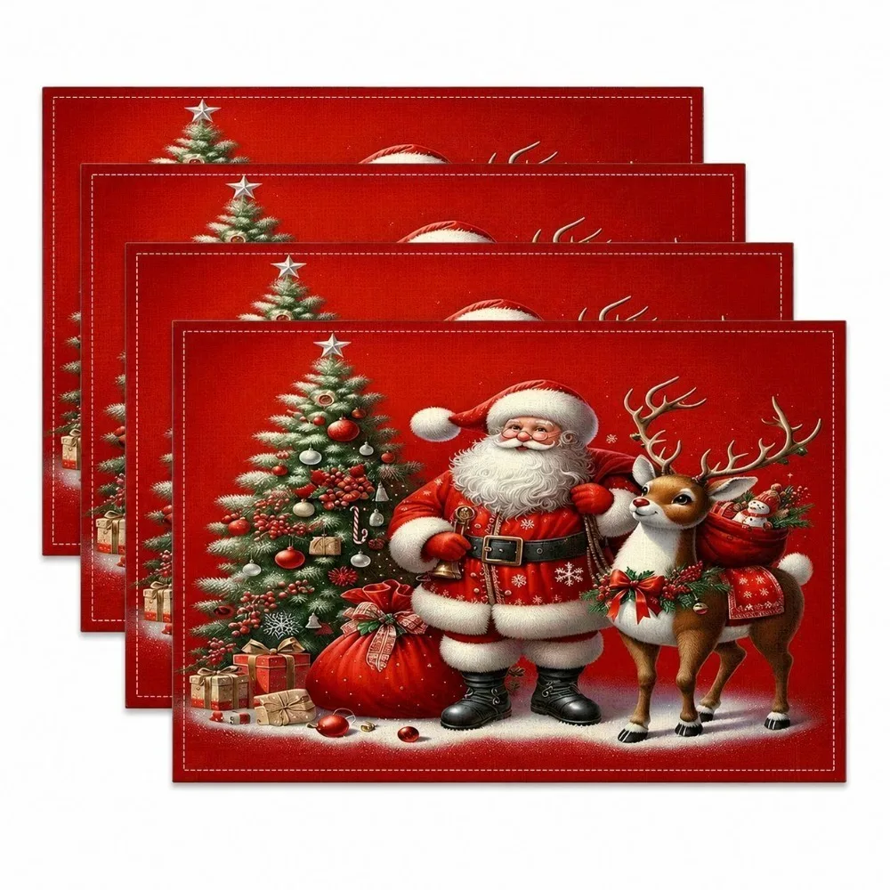 Weihnachtstischsets Mit Weihnachtsmann Und Rentier, Hitzebeständig, Waschbar, Langlebig, Aus Leinen, Für Zuhause, Restaurant, Party, Weihnachtsdekoration Weihnachtstischsets Mit Weihnachtsmann Und Rentier, Hitzebeständig, Waschbar, Langlebig, Aus Leinen, Für Zuhause, Restaurant, Party, Weihnachtsdekoration - Image 2
