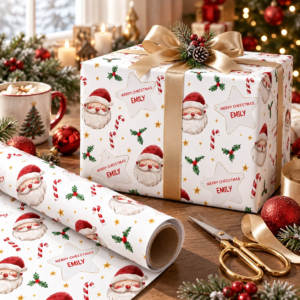 Personalisiertes Weihnachtspapier mit Namen, Weihnachtsmann- und Zuckerstangen-Druck, Individuelles Geschenkpapier für Weihnachtsfeiern und Geschenkverpackungen