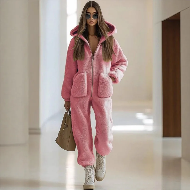 Women'S Hooded V-Neck Pocket Loose Straight Tube Plush Zipper Hooded Jumpsuit Autumn Winter Long Sleeved Pants Casual Jumpsuits Women'S Hooded V-Neck Pocket Loose Straight Tube Plush Zipper Hooded Jumpsuit Autumn Winter Long Sleeved Pants Casual Jumpsuits - Image 2