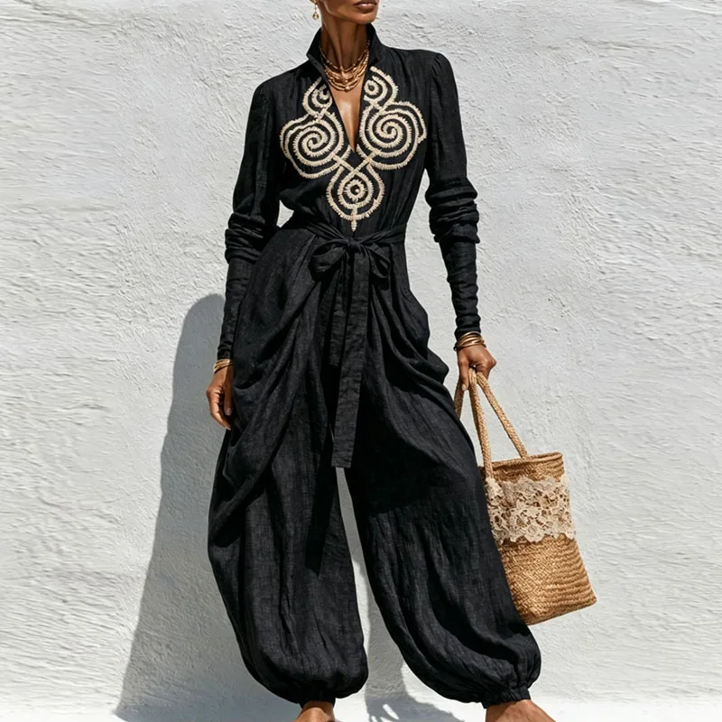 Damen-Jumpsuit Mit Stehkragen, V-Ausschnitt, Ethno-Stil, Langen Ärmeln, Taillengürtel, Haremshose, Ballonhose, Urlaubs-Outfit, Lässiger Einteiler. Damen-Jumpsuit Mit Stehkragen, V-Ausschnitt, Ethno-Stil, Langen Ärmeln, Taillengürtel, Haremshose, Ballonhose, Urlaubs-Outfit, Lässiger Einteiler. - Image 4