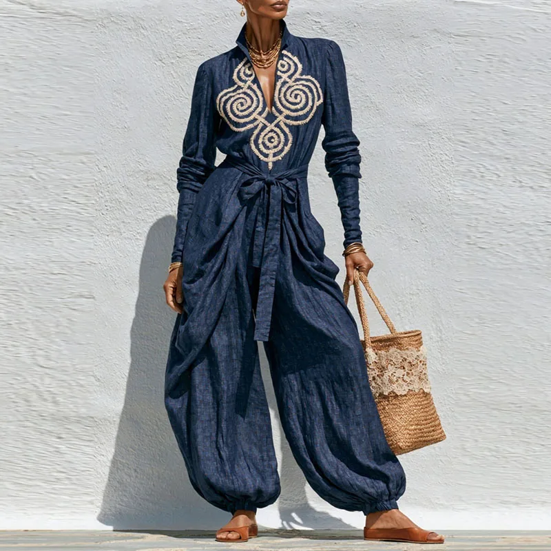 Ethnischer Jumpsuit Mit Stehkragen Für Damen, V-Ausschnitt, Lange Ärmel, Selbstbindender Gürtel, Taillenhose, Urlaubs- Und Freizeitanzug, Einteiliger Anzug. Ethnischer Jumpsuit Mit Stehkragen Für Damen, V-Ausschnitt, Lange Ärmel, Selbstbindender Gürtel, Taillenhose, Urlaubs- Und Freizeitanzug, Einteiliger Anzug. – Bild 4