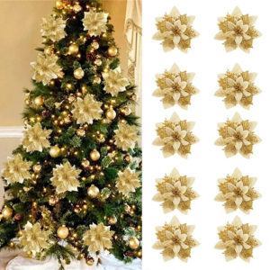 5/10 Stück 14,5 cm Weihnachtsblumen-Ornamente, rosa, rot, gold, glitzernde künstliche Blumen für Weihnachtsbaum, Weihnachtsdekoration für Zuhause