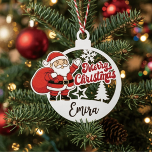 Personalisierter Weihnachtsmann-Holzanhänger für den Weihnachtsbaum, Gravierter Namen-Christbaumschmuck, Festliche Weihnachtsdekoration