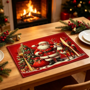 Weihnachtstischsets mit Weihnachtsmann und Rentier, hitzebeständig, waschbar, langlebig, aus Leinen, für Zuhause, Restaurant, Party, Weihnachtsdekoration