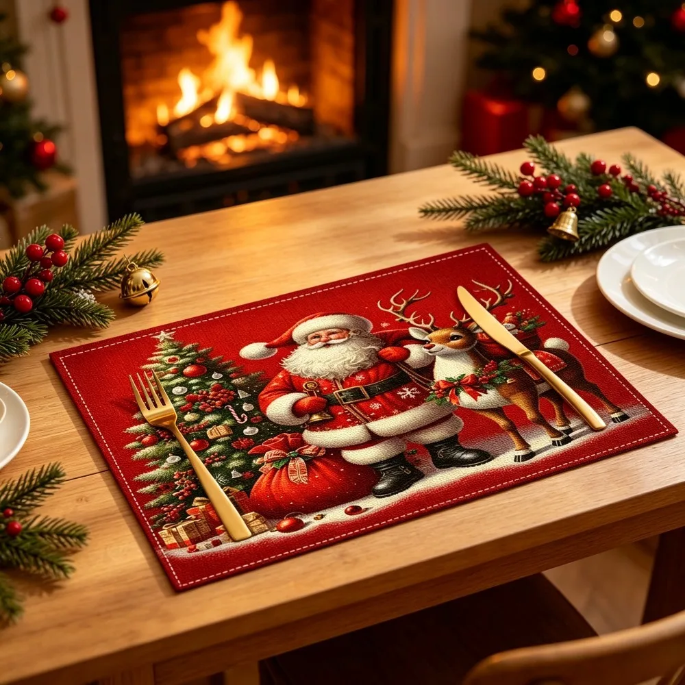 Weihnachtstischsets Mit Weihnachtsmann Und Rentier, Hitzebeständig, Waschbar, Langlebig, Aus Leinen, Für Zuhause, Restaurant, Party, Weihnachtsdekoration Weihnachtstischsets Mit Weihnachtsmann Und Rentier, Hitzebeständig, Waschbar, Langlebig, Aus Leinen, Für Zuhause, Restaurant, Party, Weihnachtsdekoration