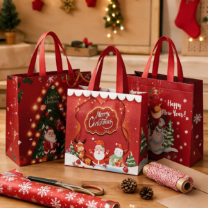 2027 Weihnachtsgeschenktüte, Geschenkverpackungstasche, Schneemann-, Weihnachtsmann-, Baum-, Hirschmuster-Geschenktüte, Festliche Party-Verpackungszubehör