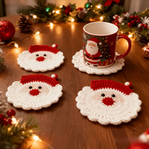 Weihnachts-Weihnachtsmann-Untersetzer Handgefertigte Gehäkelte Tassenuntersetzer-Set Feiertags-Tischdekoration Geschenk für Sie Weihnachtsdekoration für Zuhause