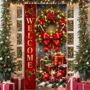Willkommen Weihnachtsbanner mit Poinsettia-Muster, Weihnachts-Hintergrund, Zuckerstangen-Dekoration für Weihnachtsfeiern im Innenbereich und zur Dekoration der Haustür