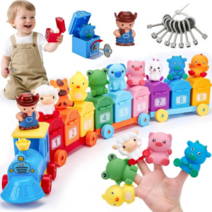 Lernspielzeug für Kleinkinder, Nutztiere, Zugset mit Fingerpuppen, farblich passendes Spielzeug zum Entsperren von Scheunen, Feinmotorikspiel, Zählspielzeug