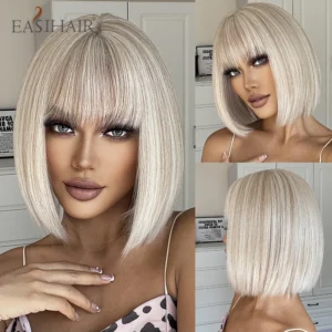 EASIHAIR Bob-Perücke mit Pony, kurz und glatt, hellblond-beige, hitzebeständig