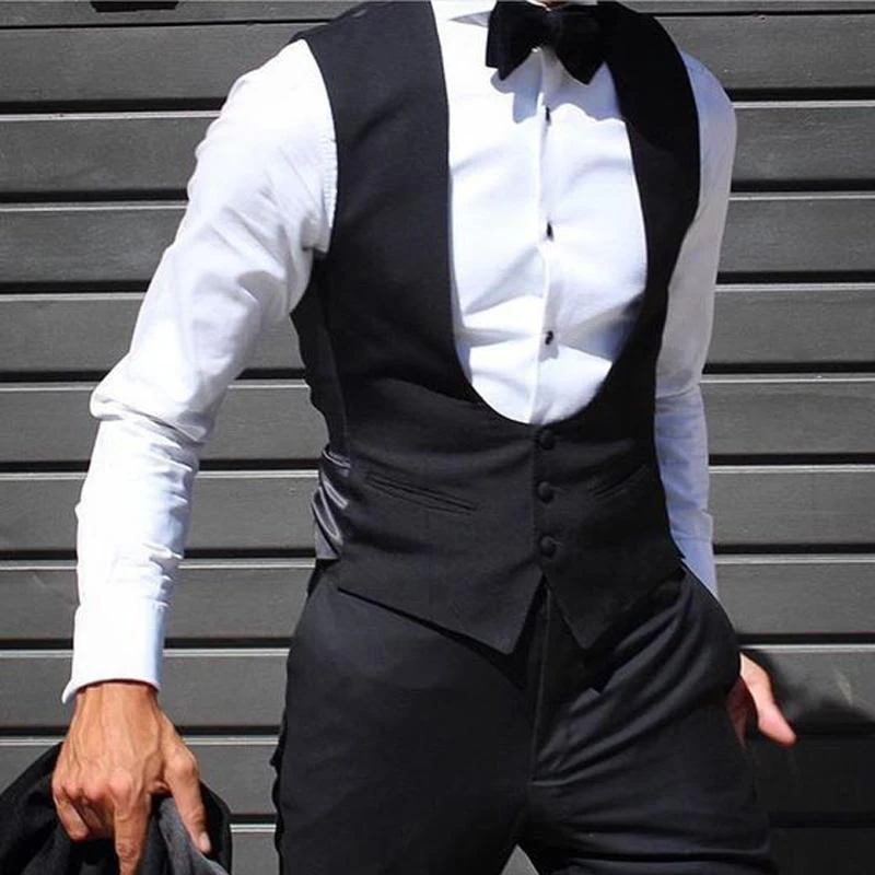 Schwarze Herrenweste Für Hochzeit, Bräutigam, Einteilig, Schmale Passform, Einfarbig, Männlicher Modemantel Schwarze Herrenweste Für Hochzeit, Bräutigam, Einteilig, Schmale Passform, Einfarbig, Männlicher Modemantel - Image 2