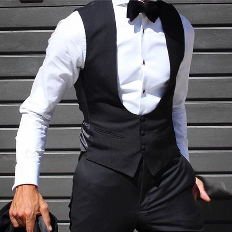 Schwarze Herrenweste Für Hochzeit, Bräutigam, Einteilig, Schmale Passform, Einfarbig, Männlicher Modemantel Schwarze Herrenweste Für Hochzeit, Bräutigam, Einteilig, Schmale Passform, Einfarbig, Männlicher Modemantel - Image 6