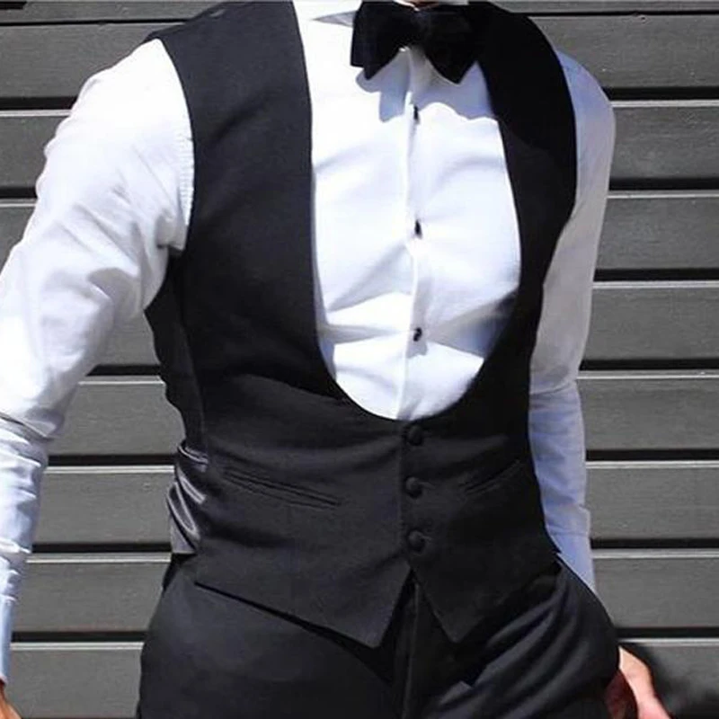 Schwarze Herrenweste Für Hochzeit, Bräutigam, Einteilig, Schmale Passform, Einfarbig, Männlicher Modemantel Schwarze Herrenweste Für Hochzeit, Bräutigam, Einteilig, Schmale Passform, Einfarbig, Männlicher Modemantel - Image 3