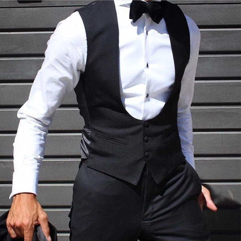 Schwarze Herrenweste Für Hochzeit, Bräutigam, Einteilig, Schmale Passform, Einfarbig, Männlicher Modemantel Schwarze Herrenweste Für Hochzeit, Bräutigam, Einteilig, Schmale Passform, Einfarbig, Männlicher Modemantel - Image 7