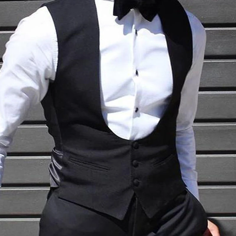 Schwarze Herrenweste Für Hochzeit, Bräutigam, Einteilig, Schmale Passform, Einfarbig, Männlicher Modemantel Schwarze Herrenweste Für Hochzeit, Bräutigam, Einteilig, Schmale Passform, Einfarbig, Männlicher Modemantel - Image 5