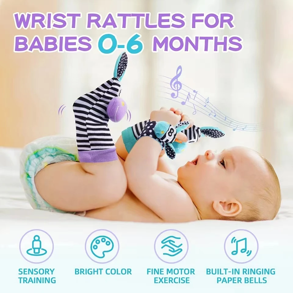 Baby-Rasselsocken und Handgelenkrasseln im niedlichen Tierdesign – Weiche Spielaccessoires für Babys von 0 bis 12 Monaten – Bild 3