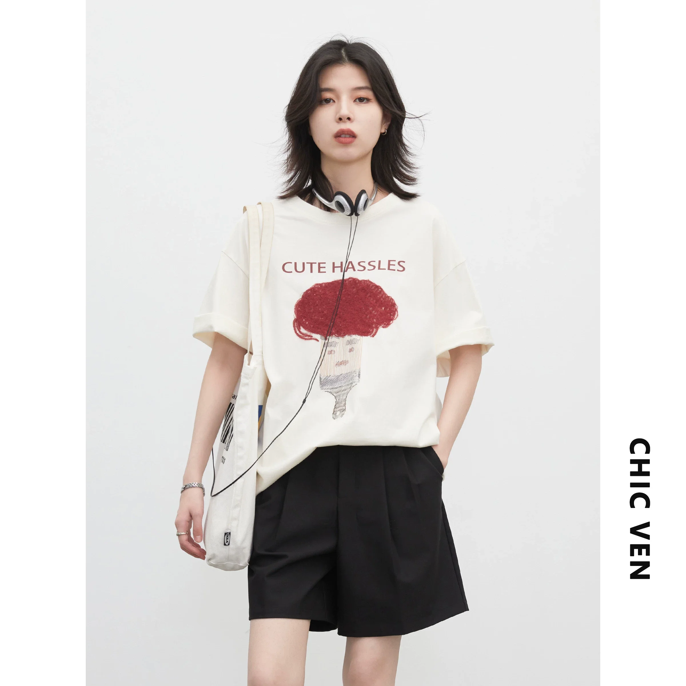 Chic Ven Damen T-Shirt Aus Baumwolle Mit 3D-Stickerei, Rundhals, Kurzarm, Oversized Chic Ven Damen T-Shirt Aus Baumwolle Mit 3D-Stickerei, Rundhals, Kurzarm, Oversized - Image 8