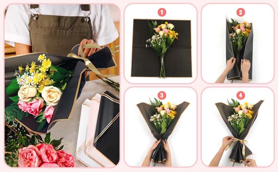 20-Blatt-Geschenkpapier mit rosa Blumen und goldenen Kanten, wasserfeste Verpackung, ideal zum Basteln, Hochzeitssträuße und Hochzeiten – Bild 4