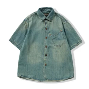 Männer Sommer Denim Dünne Hemd Kurzarm Weiche Baumwolle Taschen Schlank Leichte Elastische Jeans Cowboy Hemd Kleidung 2025, Vintage Lose