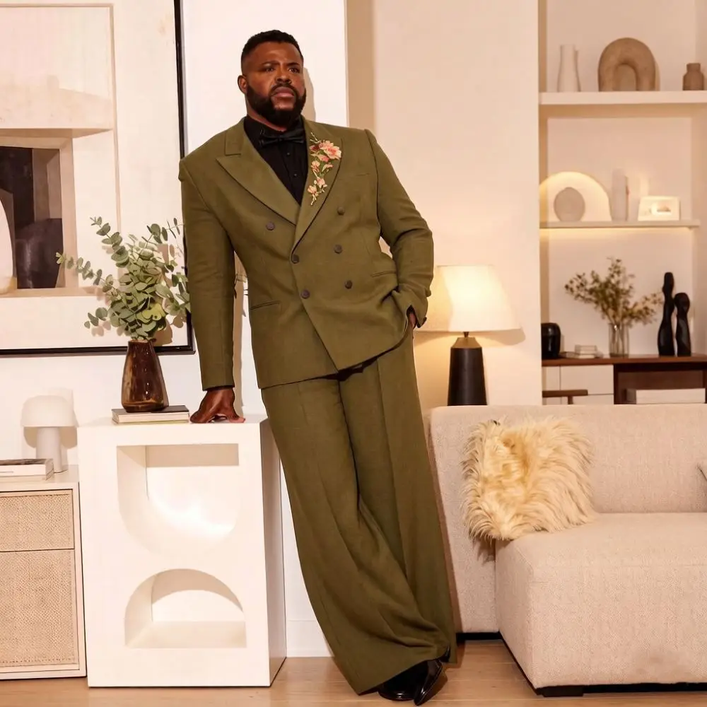 Elegant Double Breasted Luxury Suits For Men With Floral Details 2 Pieces Groom Wide Pants Mix Match Separates Stage Wear Elegant Double Breasted Luxury Suits For Men With Floral Details 2 Pieces Groom Wide Pants Mix Match Separates Stage Wear - Image 5