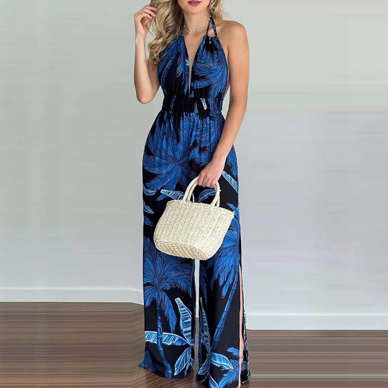 Neue Sommer Ärmellose Neckholder-Jumpsuits Für Damen Rückenfreier Bedruckter Schnür-Jumpsuit Mit Weitem Bein Damen-Jumpsuit Q3706 Neue Sommer Ärmellose Neckholder-Jumpsuits Für Damen Rückenfreier Bedruckter Schnür-Jumpsuit Mit Weitem Bein Damen-Jumpsuit Q3706 - Image 3