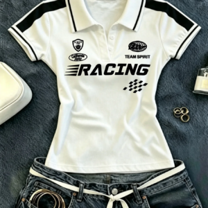 Women Y2K Chicago Graphic Polo Shirt, Short Sleeve Collared Slim Fit Crop Top Retro Racing Print Tees for Streetwear
