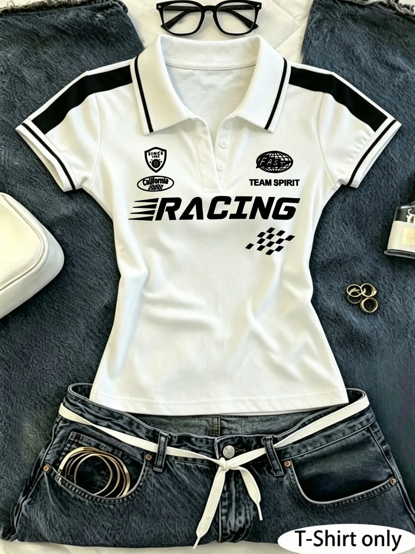 Women Y2K Chicago Graphic Polo Shirt, Short Sleeve Collared Slim Fit Crop Top Retro Racing Print Tees For Streetwear Women Y2K Chicago Graphic Polo Shirt, Short Sleeve Collared Slim Fit Crop Top Retro Racing Print Tees For Streetwear