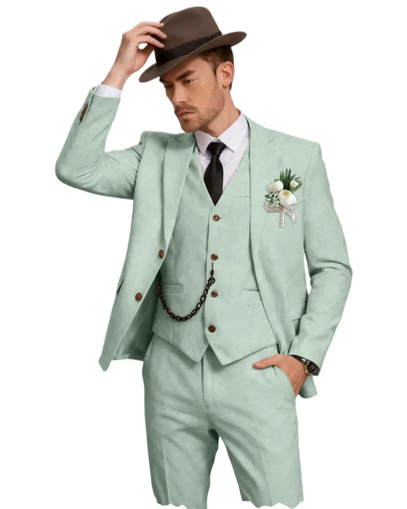 Herren Leinenanzug 3-Teilig, Slim Fit: Sakko, Weste Und Hose Herren Leinenanzug 3-Teilig, Slim Fit: Sakko, Weste Und Hose - Image 7