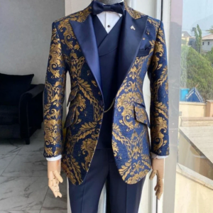 Herren-Smoking mit Jacquard-Blumenmuster – Slim Fit, Navyblau & Gold, Hochzeitsanzug