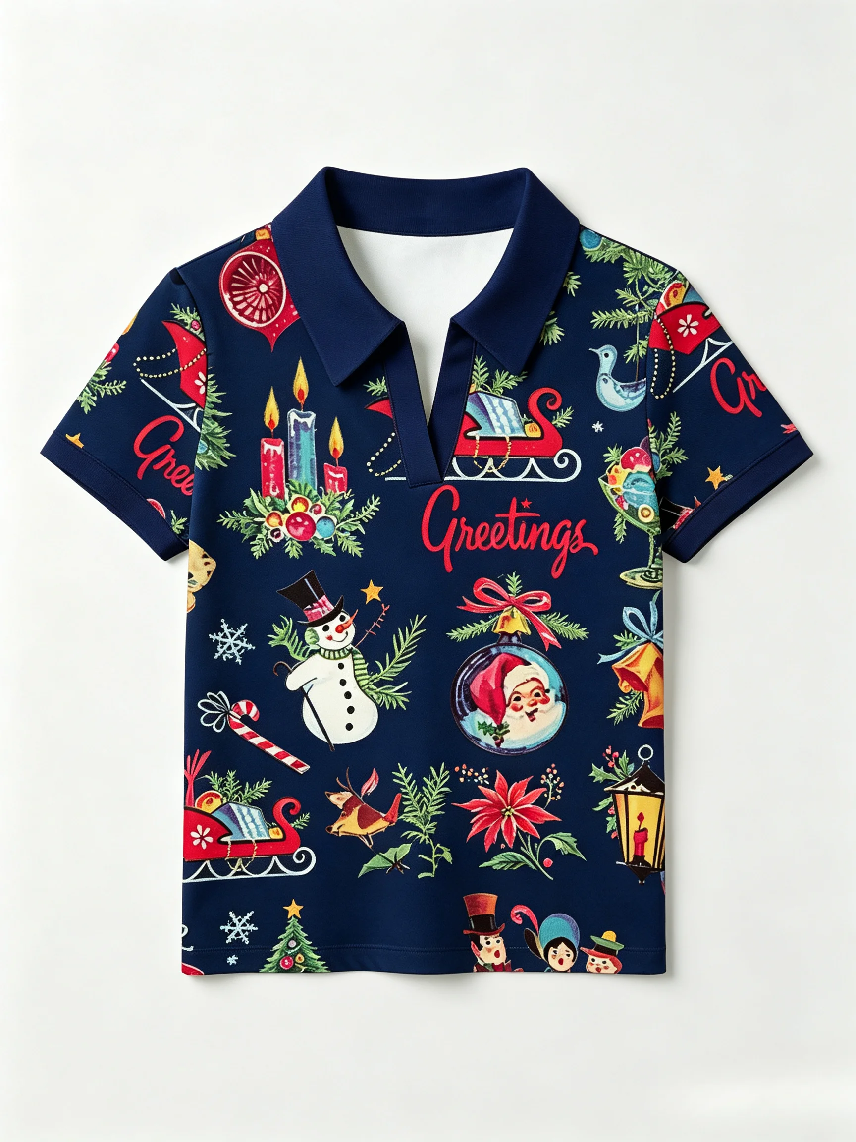 Women'S Vintage Christmas Print Polo Shirt, White Red V-Neck Short Sleeve Collared Casual Holiday Tee For Ladies Women'S Vintage Christmas Print Polo Shirt, White Red V-Neck Short Sleeve Collared Casual Holiday Tee For Ladies - Image 9