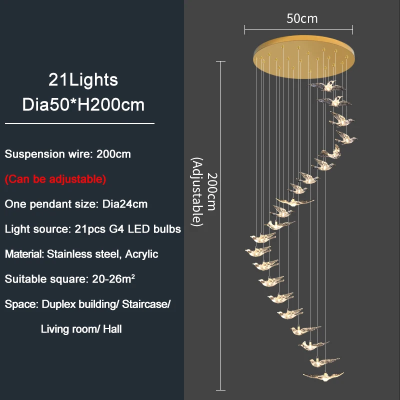 Italienischer Led-Kronleuchter Mit Vogeldesign Für Treppenhaus, Luxuriöse Wohnzimmer-Hängeleuchte, Flur, Lange Spiralförmige Acryllampe Italienischer Led-Kronleuchter Mit Vogeldesign Für Treppenhaus, Luxuriöse Wohnzimmer-Hängeleuchte, Flur, Lange Spiralförmige Acryllampe – Bild 16