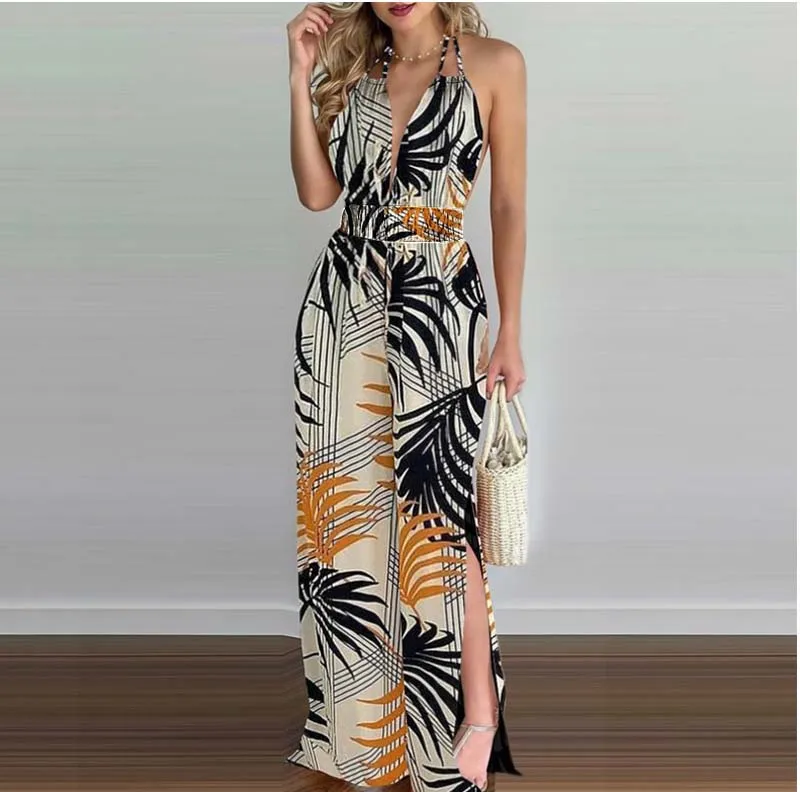 Neue Sommer Ärmellose Neckholder-Jumpsuits Für Damen Rückenfreier Bedruckter Schnür-Jumpsuit Mit Weitem Bein Damen-Jumpsuit Q3706 Neue Sommer Ärmellose Neckholder-Jumpsuits Für Damen Rückenfreier Bedruckter Schnür-Jumpsuit Mit Weitem Bein Damen-Jumpsuit Q3706 - Image 5
