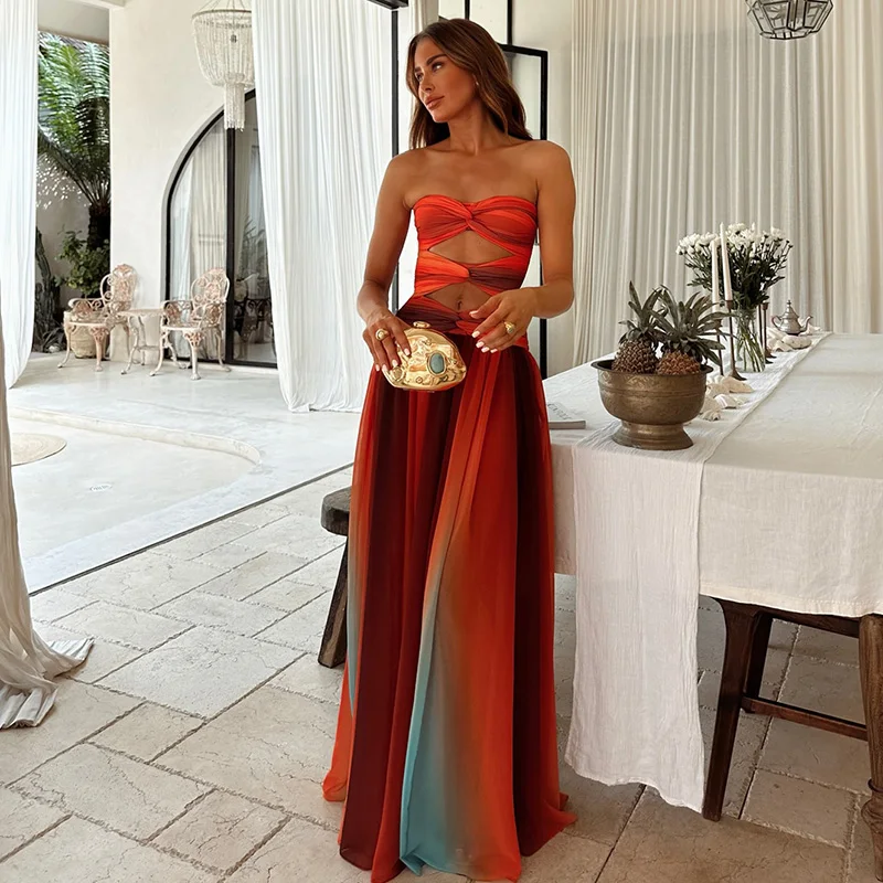 Maxikleid Mit Farbverlauf Und Batik-Muster, Schulterfrei, A-Linie Maxikleid Mit Farbverlauf Und Batik-Muster, Schulterfrei, A-Linie - Image 2