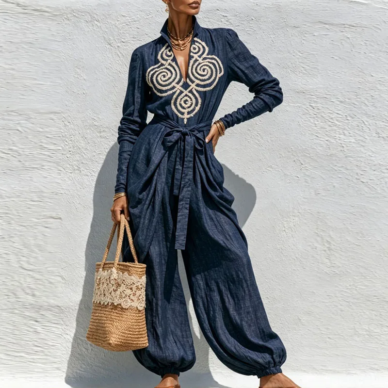 Damen-Jumpsuit Mit Stehkragen, V-Ausschnitt, Ethno-Stil, Langen Ärmeln, Taillengürtel, Haremshose, Ballonhose, Urlaubs-Outfit, Lässiger Einteiler. Damen-Jumpsuit Mit Stehkragen, V-Ausschnitt, Ethno-Stil, Langen Ärmeln, Taillengürtel, Haremshose, Ballonhose, Urlaubs-Outfit, Lässiger Einteiler. - Image 2