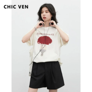 CHIC VEN New Women T-Shirts Loose Casual 3D Embroidered Cotton Female Tees O Neck Short Sleeve Tops Oversize Spring Summer 2026