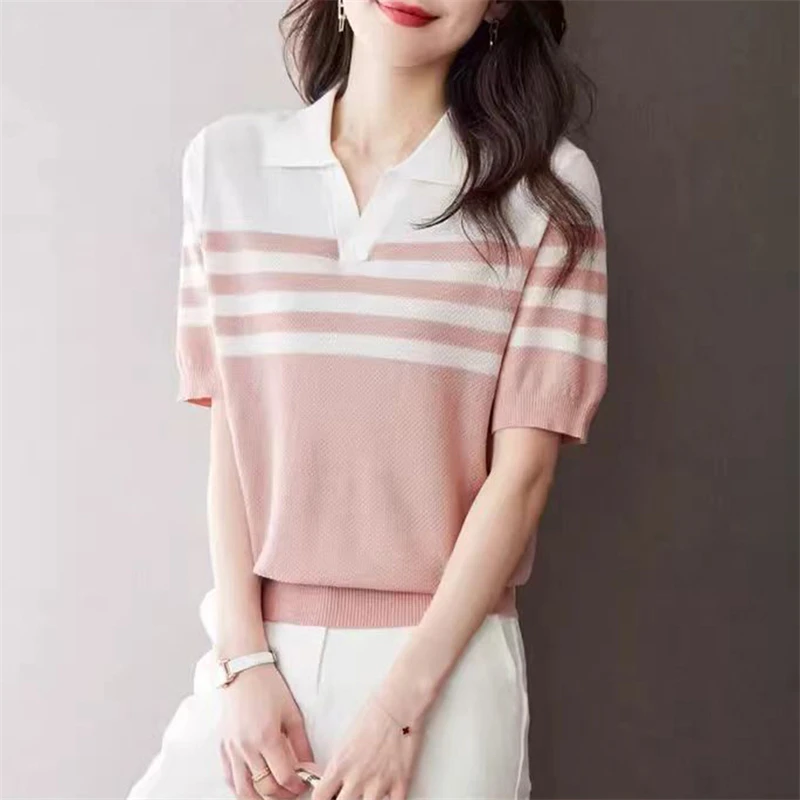 Damen Polo-Kragen T-Shirt Sommer Neu 100% Baumwolle Gestricktes Kurzarm-Freizeithemd Gestreiftes Damen-Pullover Mit Kragen Locker Geschnittenes Oberteil Damen Polo-Kragen T-Shirt Sommer Neu 100% Baumwolle Gestricktes Kurzarm-Freizeithemd Gestreiftes Damen-Pullover Mit Kragen Locker Geschnittenes Oberteil - Image 3