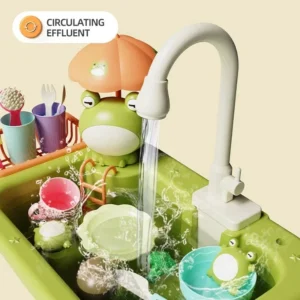 Elektrisches Küchenspülbecken-Spielzeug für Jungen und Mädchen, Simulierter Wasserhahn, Geschirrspüler, Rollenspiel-Küchenset mit Lebensmitteln und Gemüse, Geschenke für Kinder