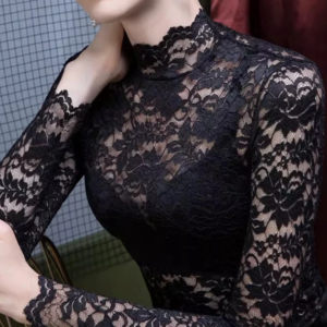 French High Neck Lace Blouse for Women, Spring and Summer Perspective Sexy Top, Winter Thick Long Sleeved Pullover Sweater