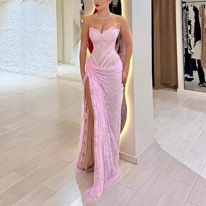 Women Fashion High Waist Split Slim Evening Dress Sexy Lace Embroidery Luxury Gowns Sexy Strapless Sleeveless Irregular Dresses Women Fashion High Waist Split Slim Evening Dress Sexy Lace Embroidery Luxury Gowns Sexy Strapless Sleeveless Irregular Dresses - Image 3
