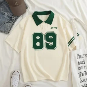 Number 89 Graphic Casual Style Women's Fashion Versatile Short Sleeve Golf Polo Shirt With Contrast Collar, Women's Activewear