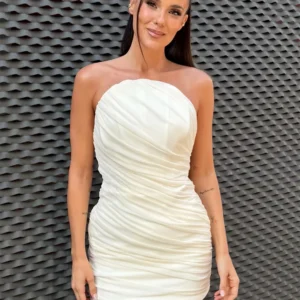 MUJER Drapiertes Tüll-Minikleid für Damen, schulterfreies Nachtkleid für Damen, sexy rückenfreies Damen-Sommerkleid, Mesh-Abendkleider