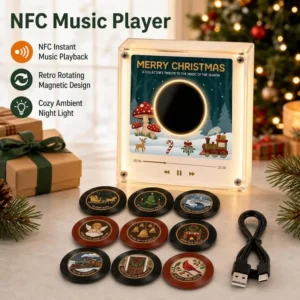 Weihnachts-Vinyl-Plattenspieler Kühlschrank-Schallplatte NFC Magnetisches Musikbox-Set, mit 9 Vinyl-Stil-Scheiben, Geeignet als Weihnachtsdekoration und Geschenk