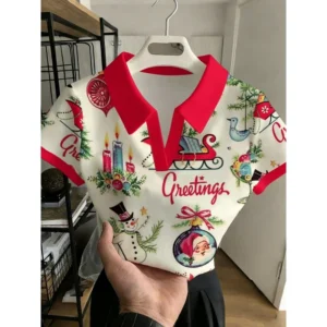 Women's Vintage Christmas Print Polo Shirt, White Red V-Neck Short Sleeve Collared Casual Holiday Tee for Ladies
