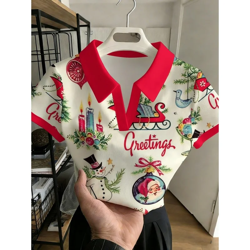 Women'S Vintage Christmas Print Polo Shirt, White Red V-Neck Short Sleeve Collared Casual Holiday Tee For Ladies Women'S Vintage Christmas Print Polo Shirt, White Red V-Neck Short Sleeve Collared Casual Holiday Tee For Ladies