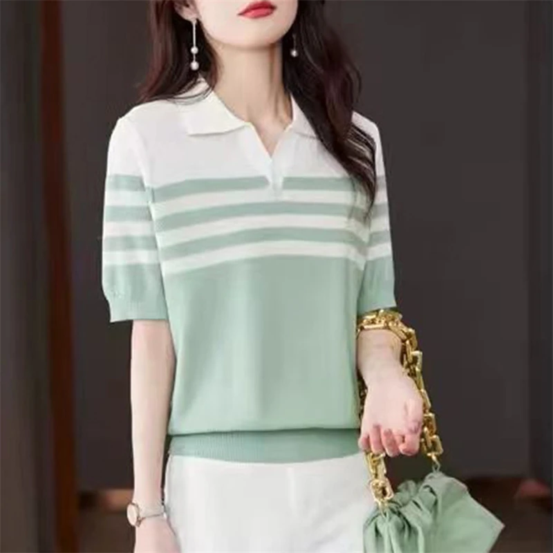 Damen Polo-Kragen T-Shirt Sommer Neu 100% Baumwolle Gestricktes Kurzarm-Freizeithemd Gestreiftes Damen-Pullover Mit Kragen Locker Geschnittenes Oberteil Damen Polo-Kragen T-Shirt Sommer Neu 100% Baumwolle Gestricktes Kurzarm-Freizeithemd Gestreiftes Damen-Pullover Mit Kragen Locker Geschnittenes Oberteil - Image 2