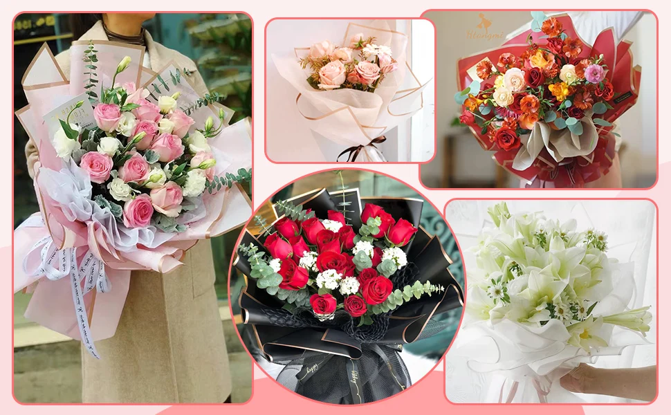20-Blatt-Geschenkpapier mit rosa Blumen und goldenen Kanten, wasserfeste Verpackung, ideal zum Basteln, Hochzeitssträuße und Hochzeiten – Bild 6