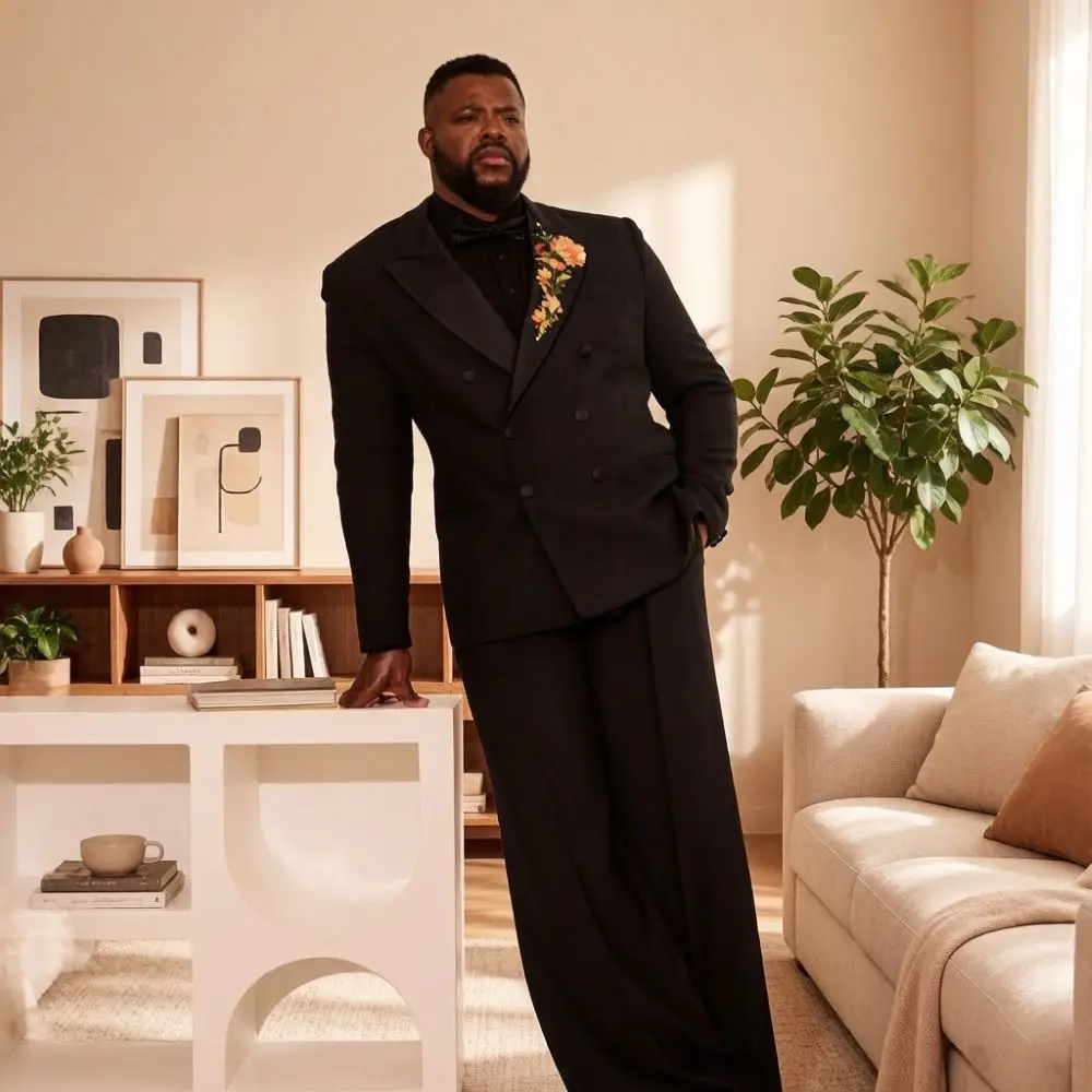 Elegant Double Breasted Luxury Suits For Men With Floral Details 2 Pieces Groom Wide Pants Mix Match Separates Stage Wear Elegant Double Breasted Luxury Suits For Men With Floral Details 2 Pieces Groom Wide Pants Mix Match Separates Stage Wear - Image 2